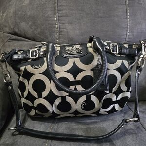 Coach Black and Cream Signature Logo Shoulder Bag